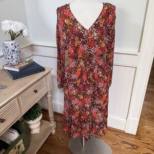 Stitch by Chenault Womens XL‎ Floral Midi Dress Brown Pink V-Neck Smocked Waist